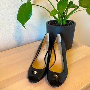 EUC Black Leather Coach Wedge Sandals Size 10